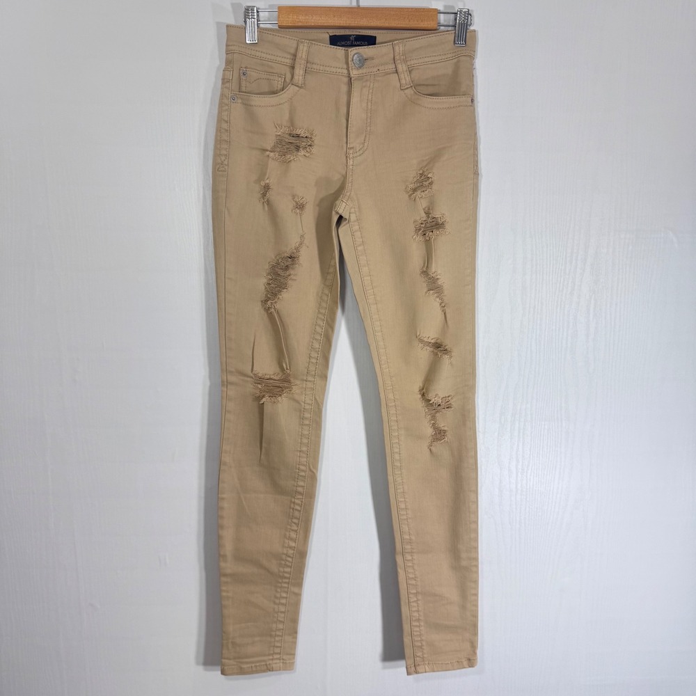 Almost Famous‎ Womens Distressed Skinny Jeans Size 5 Tan Beige Denim Pants